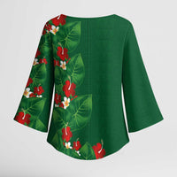 Hawaiian Taro Leaves-Hibiscus and Plumeria Kimono Sleeve Blouse Polynesian Art-Kakau Tattoo Green