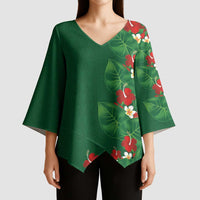 Hawaiian Taro Leaves-Hibiscus and Plumeria Kimono Sleeve Blouse Polynesian Art-Kakau Tattoo Green