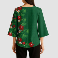 Hawaiian Taro Leaves-Hibiscus and Plumeria Kimono Sleeve Blouse Polynesian Art-Kakau Tattoo Green
