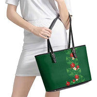Hawaiian Taro Leaves-Hibiscus and Plumeria Leather Tote Bag Polynesian Art-Kakau Tattoo Green