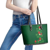 Hawaiian Taro Leaves-Hibiscus and Plumeria Leather Tote Bag Polynesian Art-Kakau Tattoo Green
