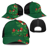 Hawaiian Taro Leaves-Hibiscus and Plumeria Mesh Trucker Cap Polynesian Art-Kakau Tattoo Green