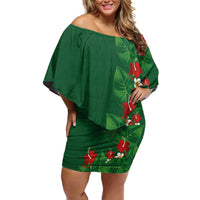 Hawaiian Taro Leaves-Hibiscus and Plumeria Off Shoulder Short Dress Polynesian Art-Kakau Tattoo Green LT03 Women Green - Polynesian Pride