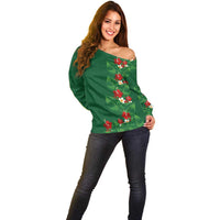 Hawaiian Taro Leaves-Hibiscus and Plumeria Off Shoulder Sweater Polynesian Art-Kakau Tattoo Green