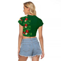 Hawaiian Taro Leaves-Hibiscus and Plumeria Raglan Cropped T Shirt Polynesian Art-Kakau Tattoo Green
