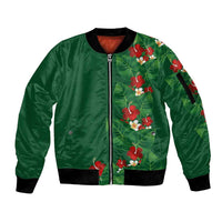 Hawaiian Taro Leaves-Hibiscus and Plumeria Sleeve Zip Bomber Jacket Polynesian Art-Kakau Tattoo Green