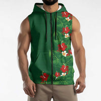 Hawaiian Taro Leaves-Hibiscus and Plumeria Sleeveless Zip Hoodie Polynesian Art-Kakau Tattoo Green
