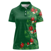 Hawaiian Taro Leaves-Hibiscus and Plumeria Women Polo Shirt Polynesian Art-Kakau Tattoo Green