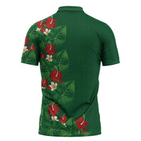 Hawaiian Taro Leaves-Hibiscus and Plumeria Zipper Polo Shirt Polynesian Art-Kakau Tattoo Green
