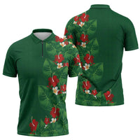 Hawaiian Taro Leaves-Hibiscus and Plumeria Zipper Polo Shirt Polynesian Art-Kakau Tattoo Green