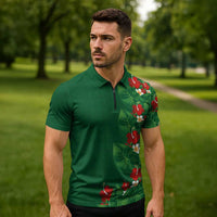 Hawaiian Taro Leaves-Hibiscus and Plumeria Zipper Polo Shirt Polynesian Art-Kakau Tattoo Green