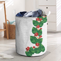 Hawaiian Taro Leaves-Hibiscus and Plumeria Laundry Basket Polynesian Art-Kakau Tattoo White