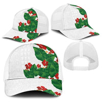 Hawaiian Taro Leaves-Hibiscus and Plumeria Baseball Net Cap Polynesian Art-Kakau Tattoo White