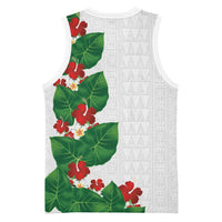 Hawaiian Taro Leaves-Hibiscus and Plumeria Basketball Jersey Polynesian Art-Kakau Tattoo White