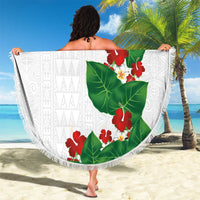 Hawaiian Taro Leaves-Hibiscus and Plumeria Beach Blanket Polynesian Art-Kakau Tattoo White
