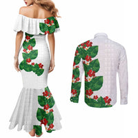 Hawaiian Taro Leaves-Hibiscus and Plumeria Couples Matching Mermaid Dress and Long Sleeve Button Shirt Polynesian Art-Kakau Tattoo White