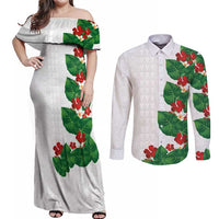 Hawaiian Taro Leaves-Hibiscus and Plumeria Couples Matching Off Shoulder Maxi Dress and Long Sleeve Button Shirt Polynesian Art-Kakau Tattoo White