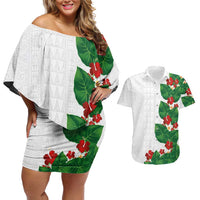 Hawaiian Taro Leaves-Hibiscus and Plumeria Couples Matching Off Shoulder Short Dress and Hawaiian Shirt Polynesian Art-Kakau Tattoo White