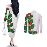 Hawaiian Taro Leaves-Hibiscus and Plumeria Couples Matching Off The Shoulder Long Sleeve Dress and Long Sleeve Button Shirt Polynesian Art-Kakau Tattoo White