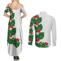 Hawaiian Taro Leaves-Hibiscus and Plumeria Couples Matching Summer Maxi Dress and Long Sleeve Button Shirt Polynesian Art-Kakau Tattoo White