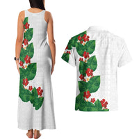 Hawaiian Taro Leaves-Hibiscus and Plumeria Couples Matching Tank Maxi Dress and Hawaiian Shirt Polynesian Art-Kakau Tattoo White
