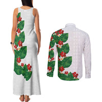 Hawaiian Taro Leaves-Hibiscus and Plumeria Couples Matching Tank Maxi Dress and Long Sleeve Button Shirt Polynesian Art-Kakau Tattoo White