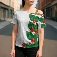 Hawaiian Taro Leaves-Hibiscus and Plumeria Cross Shoulder Shirt Polynesian Art-Kakau Tattoo White