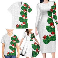 Hawaiian Taro Leaves-Hibiscus and Plumeria Family Matching Long Sleeve Bodycon Dress and Hawaiian Shirt Polynesian Art-Kakau Tattoo White LT03 - Polynesian Pride