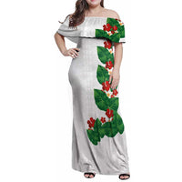 Hawaiian Taro Leaves-Hibiscus and Plumeria Family Matching Off Shoulder Maxi Dress and Hawaiian Shirt Polynesian Art-Kakau Tattoo White