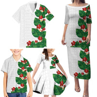 Hawaiian Taro Leaves-Hibiscus and Plumeria Family Matching Puletasi and Hawaiian Shirt Polynesian Art-Kakau Tattoo White