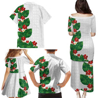 Hawaiian Taro Leaves-Hibiscus and Plumeria Family Matching Puletasi and Hawaiian Shirt Polynesian Art-Kakau Tattoo White