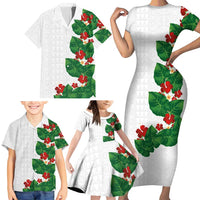 Hawaiian Taro Leaves-Hibiscus and Plumeria Family Matching Short Sleeve Bodycon Dress and Hawaiian Shirt Polynesian Art-Kakau Tattoo White LT03 - Polynesian Pride