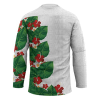 Hawaiian Taro Leaves-Hibiscus and Plumeria Hockey Jersey Polynesian Art-Kakau Tattoo White