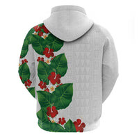 Hawaiian Taro Leaves-Hibiscus and Plumeria Hoodie Polynesian Art-Kakau Tattoo White