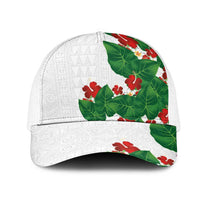 Hawaiian Taro Leaves-Hibiscus and Plumeria Mesh Trucker Cap Polynesian Art-Kakau Tattoo White
