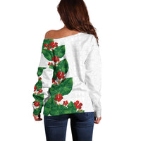 Hawaiian Taro Leaves-Hibiscus and Plumeria Off Shoulder Sweater Polynesian Art-Kakau Tattoo White