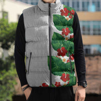 Hawaiian Taro Leaves-Hibiscus and Plumeria Sleeveless Puffer Jacket Polynesian Art-Kakau Tattoo White