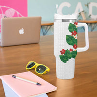Hawaiian Taro Leaves-Hibiscus and Plumeria Tumbler With Handle Polynesian Art-Kakau Tattoo White