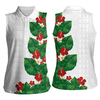 Hawaiian Taro Leaves-Hibiscus and Plumeria Women Sleeveless Polo Shirt Polynesian Art-Kakau Tattoo White