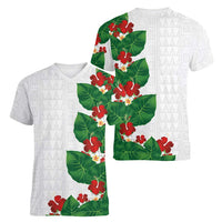 Hawaiian Taro Leaves-Hibiscus and Plumeria Women V-Neck T-Shirt Polynesian Art-Kakau Tattoo White