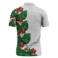 Hawaiian Taro Leaves-Hibiscus and Plumeria Zipper Polo Shirt Polynesian Art-Kakau Tattoo White