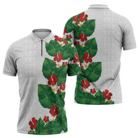 Hawaiian Taro Leaves-Hibiscus and Plumeria Zipper Polo Shirt Polynesian Art-Kakau Tattoo White