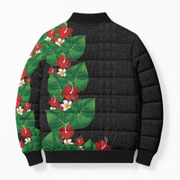 Hawaiian Taro Leaves-Hibiscus and Plumeria Bomber Puffer Jacket Polynesian Art-Kakau Tattoo Black