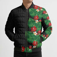 Hawaiian Taro Leaves-Hibiscus and Plumeria Bomber Puffer Jacket Polynesian Art-Kakau Tattoo Black