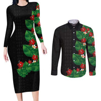 Hawaiian Taro Leaves-Hibiscus and Plumeria Couples Matching Long Sleeve Bodycon Dress and Long Sleeve Button Shirt Polynesian Art-Kakau Tattoo Black
