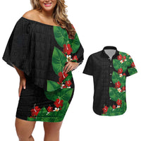 Hawaiian Taro Leaves-Hibiscus and Plumeria Couples Matching Off Shoulder Short Dress and Hawaiian Shirt Polynesian Art-Kakau Tattoo Black