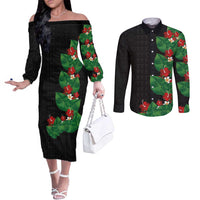 Hawaiian Taro Leaves-Hibiscus and Plumeria Couples Matching Off The Shoulder Long Sleeve Dress and Long Sleeve Button Shirt Polynesian Art-Kakau Tattoo Black LT03 Black - Polynesian Pride