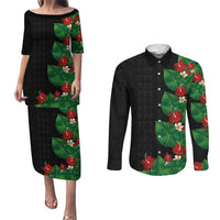 Hawaiian Taro Leaves-Hibiscus and Plumeria Couples Matching Puletasi and Long Sleeve Button Shirt Polynesian Art-Kakau Tattoo Black