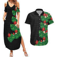 Hawaiian Taro Leaves-Hibiscus and Plumeria Couples Matching Summer Maxi Dress and Hawaiian Shirt Polynesian Art-Kakau Tattoo Black LT03 Black - Polynesian Pride