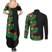 Hawaiian Taro Leaves-Hibiscus and Plumeria Couples Matching Summer Maxi Dress and Long Sleeve Button Shirt Polynesian Art-Kakau Tattoo Black